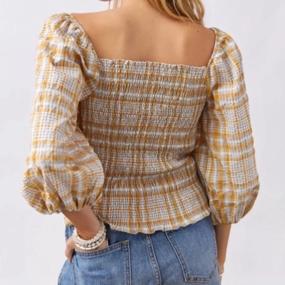 Anthropologie Maeve Plaid Print Square-Neck Blouse Puff Sleeves Cream Yellow Top